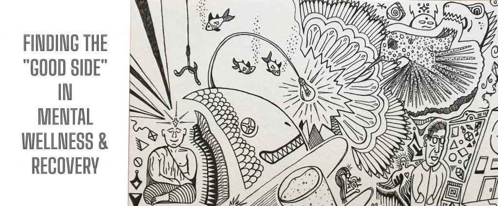 This is a piece of black and white abstract expressionist art depicting the hope and wild energy of mental health recovery. The art is filled with characters, such as swimming fish, a smiling monk, a hummingbird attracted to a lightbulb-centered flower, and a roaring dinosaur.