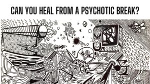 This image is mostly black and white abstract art depicting the chaos and wild nature of the artist's interpretation of a psychotic break. There are strange, alien-like faces, liminal space, outer space, and a rattlesnake heading into a triangle filled asteroid belt. The text in the top of the image is the title of the blog post: Can you heal from a psychotic break?